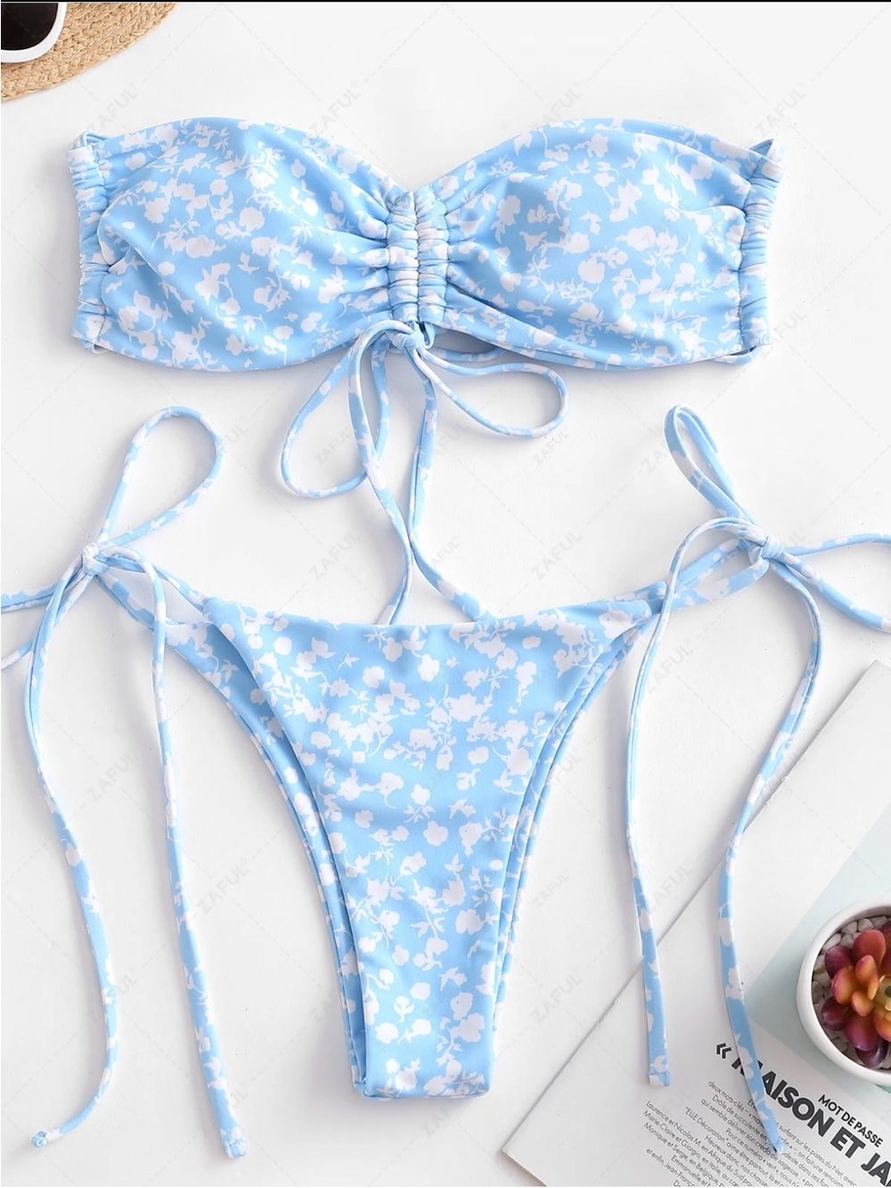 Blue Multiway Ditsy Print Cinched String Bikini Set